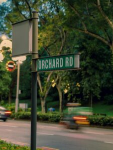 Street sign for Orchard Road with blurred cars and greenery in the background, captured at dusk.